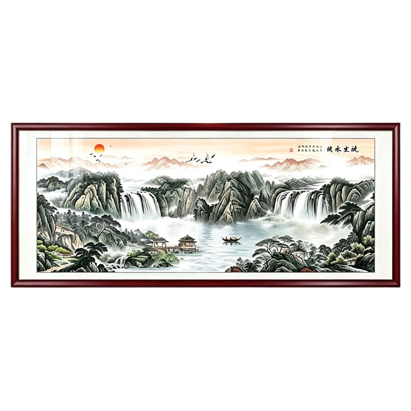 新中式山水聚宝盆客厅挂画靠山