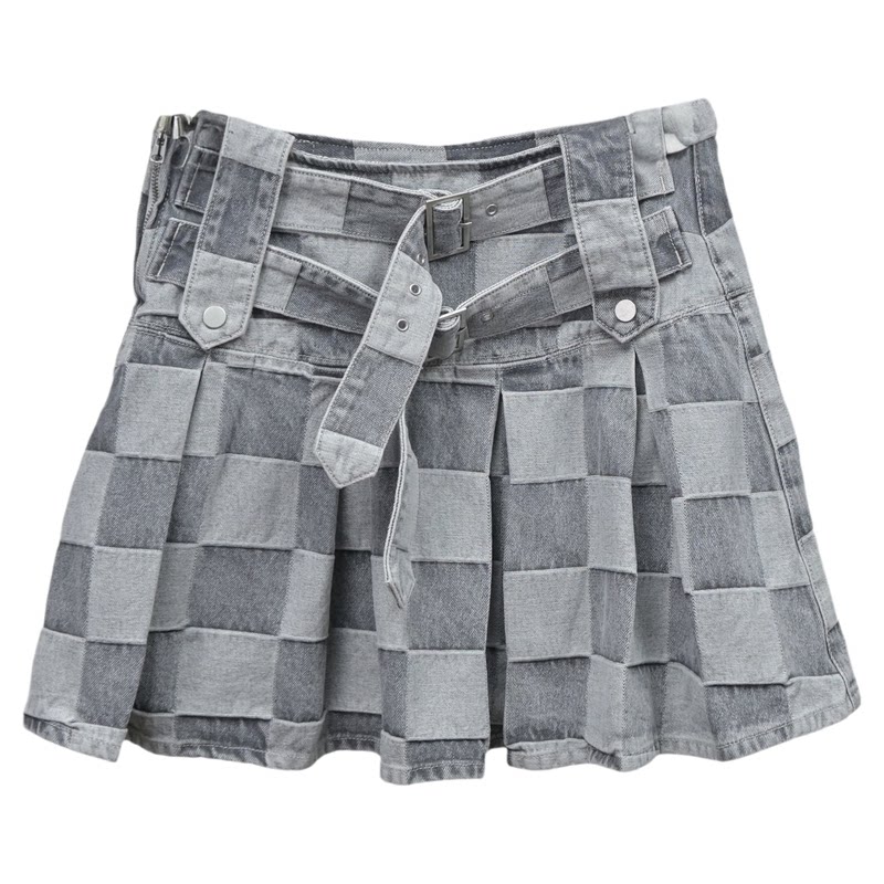 ABLEJEANS牛仔裙格子百褶半身裙