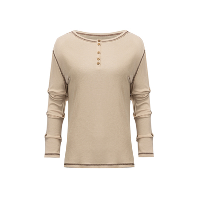 先验堆叠袖亨利领卡其色长袖T恤