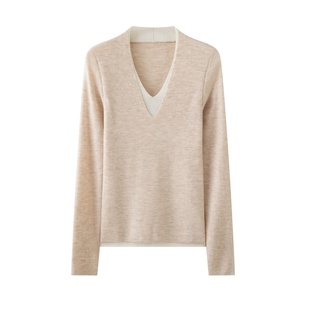 精纺扬子纱羊毛衫女V领拼色假两件修身显瘦针织打底衫可机洗上衣