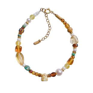 Timee知秋 蜜蜡黄水晶珍珠琥珀图画石捷克琉璃原创小众设计手链女