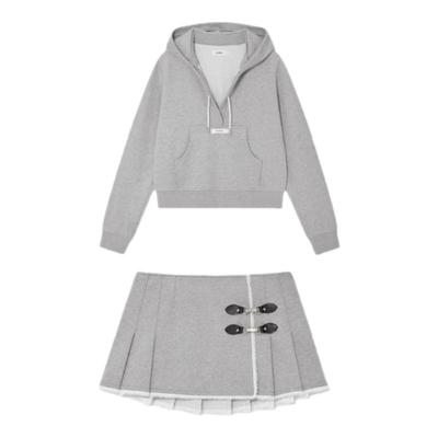 【现货】韩国小众glowny朴秀荣同款蕾丝边褶皱裙V领连帽卫衣套装