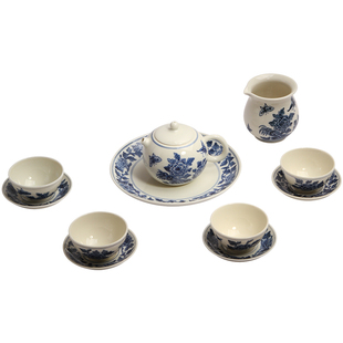 中国台湾省存仁堂手绘青花瓷壶套组仿古青花牡丹蝴蝶中式功夫茶具