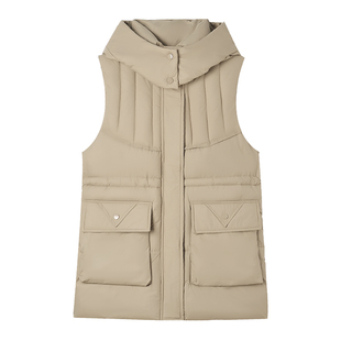 中长款可拆帽羽绒棉背心休闲大口袋纯色棉背心无袖棉袄外穿马甲