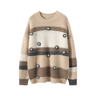 加厚条纹圆领立体花朵纯山羊绒衫女宽松大码慵懒风针织毛衣打底衫