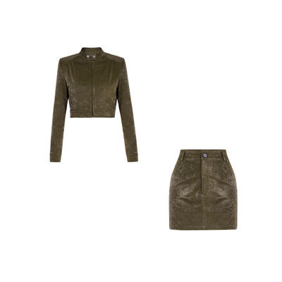 XULU原创秋季麂皮绒气质短款上衣长袖外套性感包臀A字短裙两件套