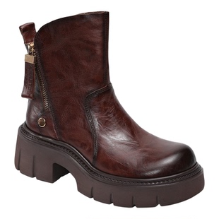 轻奢高端抓纹头层牛皮马丁靴女秋冬时尚英伦风防水台厚底加绒短靴