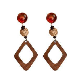 秋冬复古几何木质吊坠耳环女高级感轻奢耳钉新中式百搭耳坠耳饰品