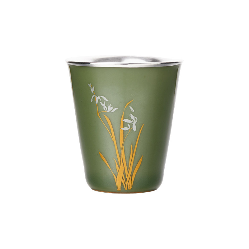 顺庆银楼足银990青釉四君子杯纯银茶杯竹子图案中式功茶具送长辈