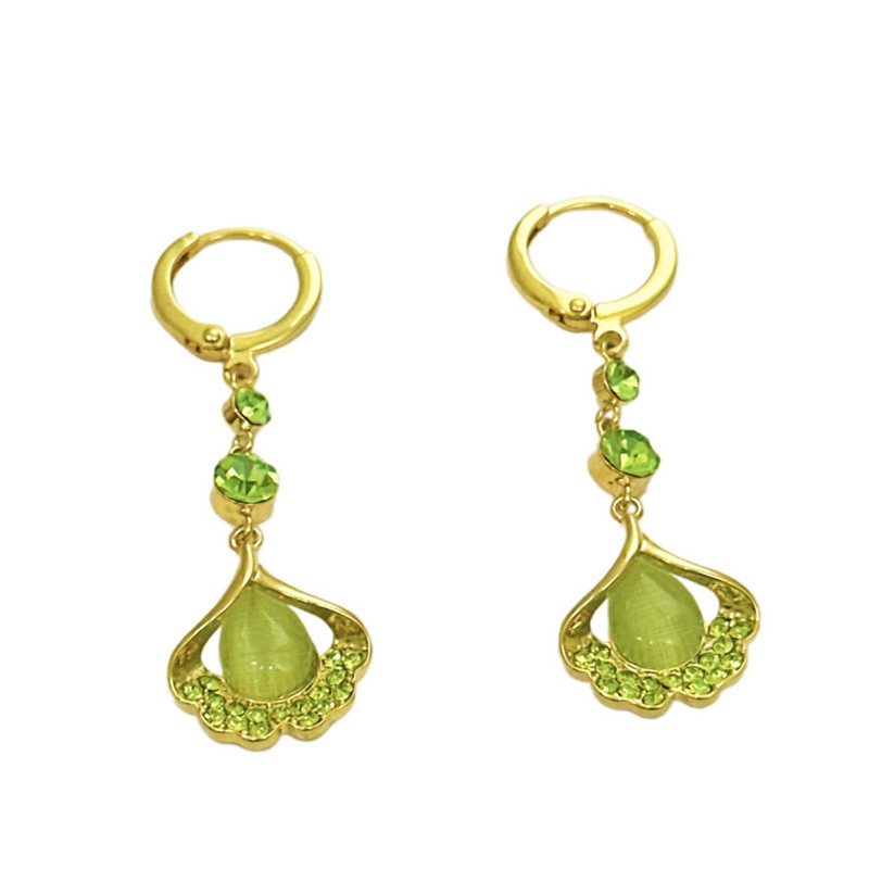 2024新款镶钻绿色猫眼石银杏叶耳环女小众设计感长款耳扣气质耳饰
