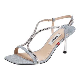 思加图新款仙女鞋罗马鞋凉鞋时尚银色方头高跟鞋EBB14BL5