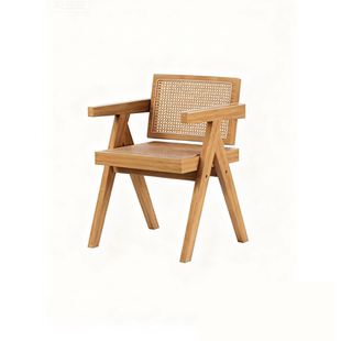 原木风餐椅实木家用餐桌吃饭椅子昌迪加尔椅软包带扶手藤编靠背椅