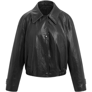 KBNE2025秋季新款巴恩风机车夹克皮衣外套女黑色外衣气质长袖上衣