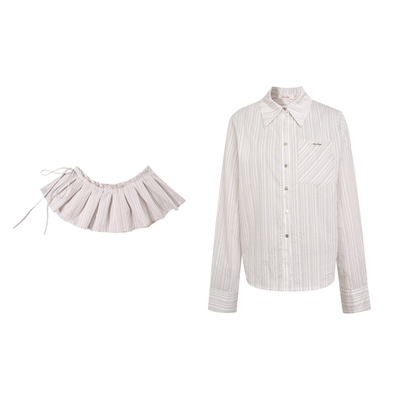Liilou 26ss Geek chic 荷叶边可拆卸裙帘绑带+宽松条纹衬衫