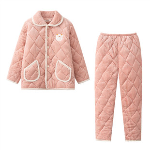 法兰绒三层夹棉加厚睡衣女冬季加绒珊瑚绒可爱冬天棉袄家居服套装