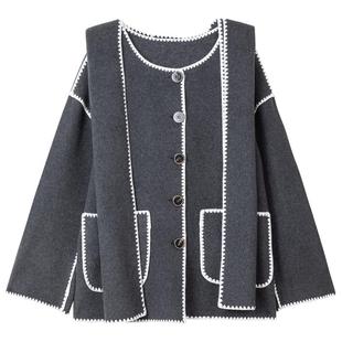 KEIKO [两件套] 双面羊绒毛呢外套秋冬撞色锁边围巾连帽外套大衣