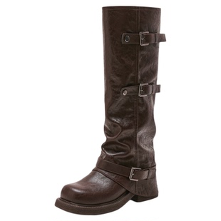 星期六美拉德靴子女2025新款长筒靴时尚棕色超火裤管靴厚底骑士靴