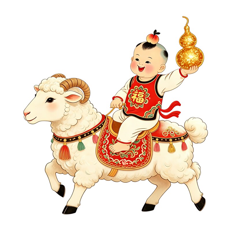 年画娃娃骑羊墙贴抱金葫芦贴纸民俗喜庆吉祥新春氛围装饰自粘贴画