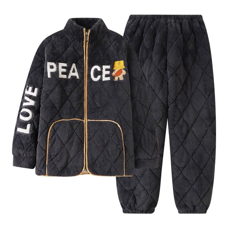 三层加绒加厚珊瑚绒夹棉袄睡衣男开衫家居服套装冬季保暖冬天加棉