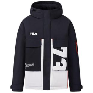 FILA斐乐男士中长款羽绒服2025冬季新款休闲宽松拼色连帽保暖外套