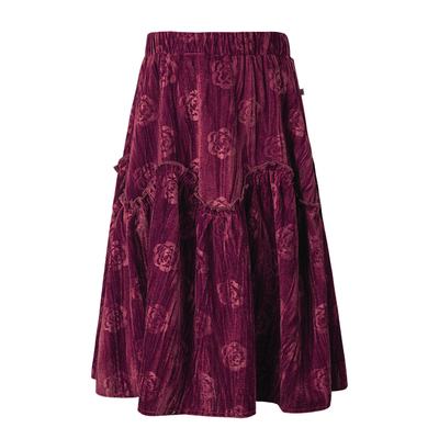 LittleNaive女童冬季裙子花朵压皱复古半裙儿童红色节日丝绒裙子