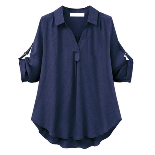欧洲站春秋新款大码女装反折袖衬衫宽松显瘦中长款百搭衬衣 shirt