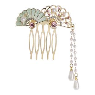 新中式步摇扇形发簪复古镂空珍珠发钗古风汉服旗袍含喜庆发插梳女