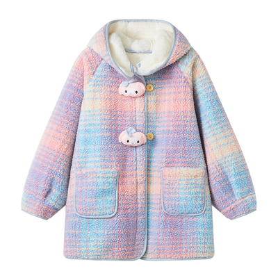 ask儿童外套2026冬季新款女童彩虹格毛毛保暖抓绒上衣