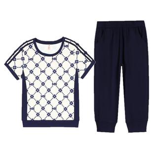 时尚运动套装女夏季冰丝圆领短袖七分裤小个子中年妈妈休闲两件套