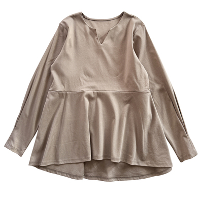 春季丝光棉V领收腰长袖宽松T恤女