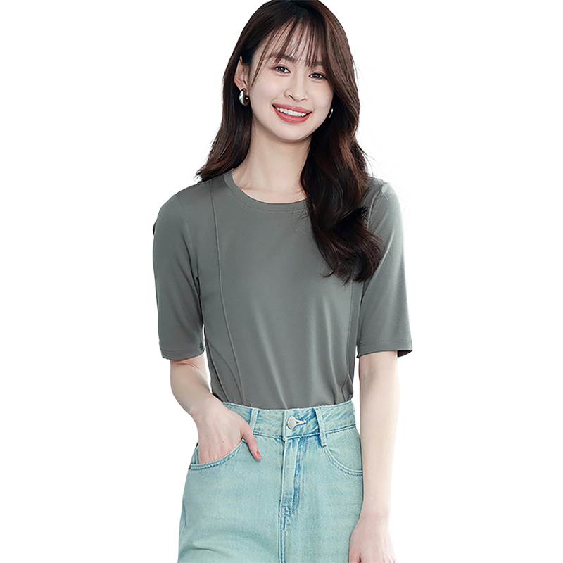 麦呈正肩莫尔代短袖T恤女2025夏季新款修身上衣百搭纯色打底衫女