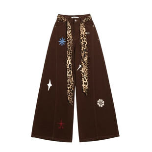 300斤特大码女装美式豹纹拼接刺绣牛仔裤女新款胖mm显瘦阔腿裤子