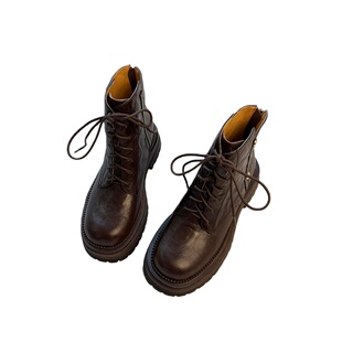 真皮版~厚底系带马丁靴女2025秋冬新款复古增高靴子棕色加绒短靴