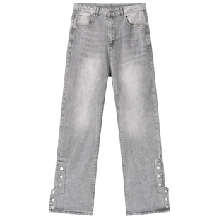 新因素潮流水洗做旧裤脚排扣牛仔裤宽松直筒美式高街休闲vibe裤子