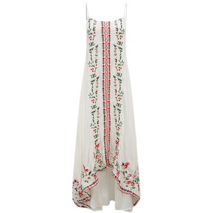 欧美时尚新款碎花棉绣花吊带不规则下摆连衣裙 F家现货度假长裙