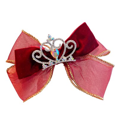 新年儿童头饰女童长飘带蝴蝶结皇冠发夹宝宝发卡公主丝绒红色发饰
