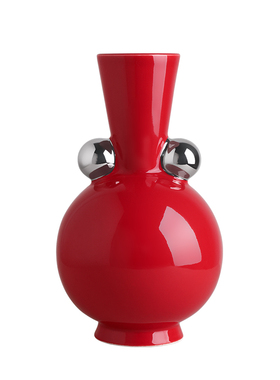 贝汉美现代北欧复古双耳彩色陶瓷花瓶摆件客厅玄关大红色花器插花