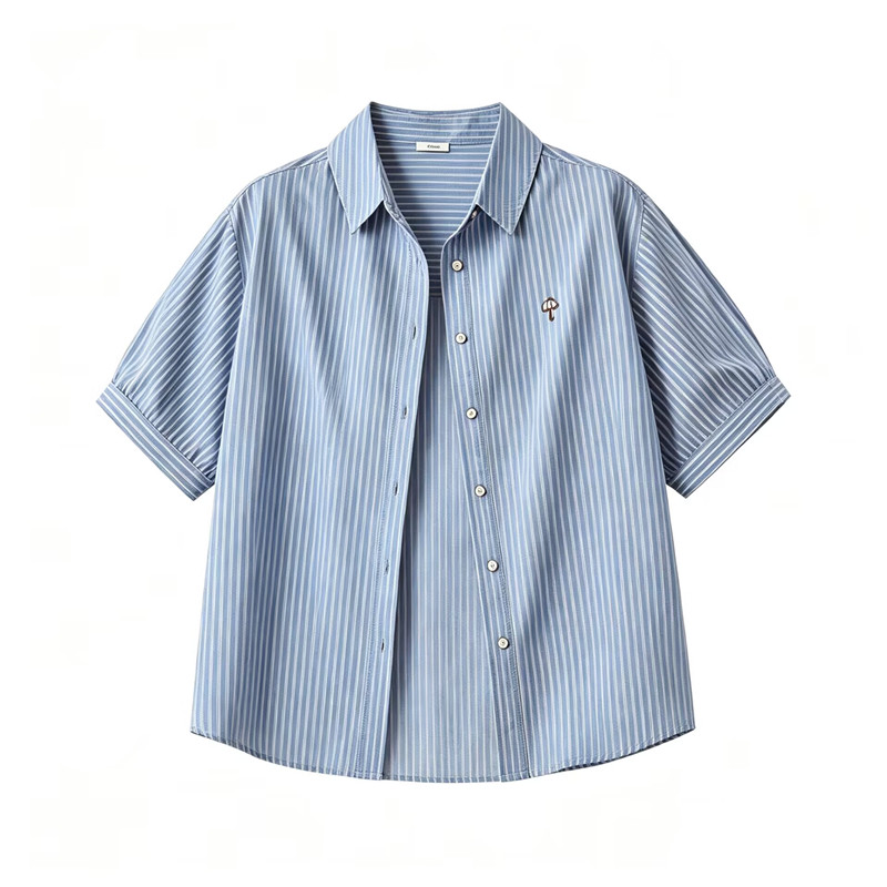 夏季通勤条纹刺绣纯棉短袖女衬衫