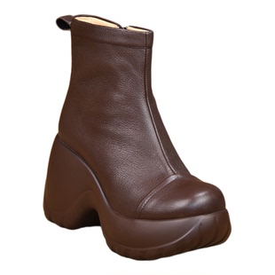 misili~10cm 小个子坡跟短靴2026秋冬季新款高跟鞋厚底真皮女靴子