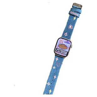 牛仔刺绣YK2小众设计真皮适用于s10苹果applewatch9876静静的表带