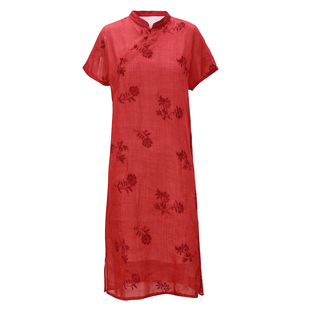 高端苎麻改良刺绣旗袍女2026新款中式立领中长款茶服连衣裙年轻款