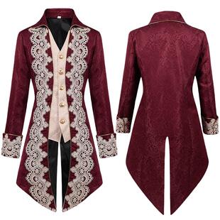 英伦宫廷燕尾服蕾丝刺绣花边西服男中长款假两件撞色风衣国王礼服