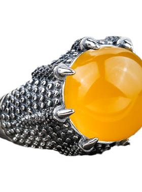 纯银戒指镶嵌绿松石琥珀活口