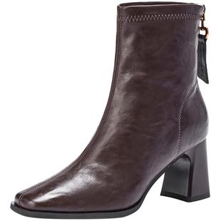 热风高跟时装靴2025年冬季新款法式方头粗跟短靴通勤休闲靴子女鞋