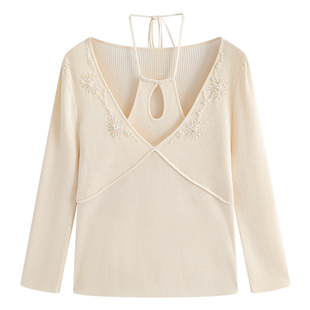 固执春季新款复古气质通勤镂空假两件套头七分袖修身针织衫