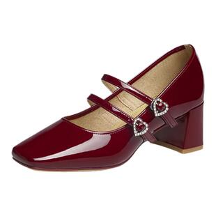 红蜻蜓红色高跟鞋春季新款女鞋粗跟单鞋婚鞋新娘鞋法式绝美玛丽珍