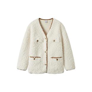 森马外套女中长款仿兔毛V领落肩时尚2024冬新款气质宽松夹克复古