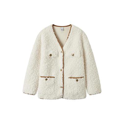 森马外套女中长款仿兔毛V领落肩时尚2024冬新款气质宽松夹克复古