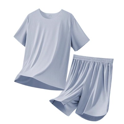 莫代尔男士睡衣冰丝短袖学生套装