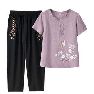 奶奶夏套装衣服老年人短袖棉麻上衣女老太太夏季套装外婆衣服薄款